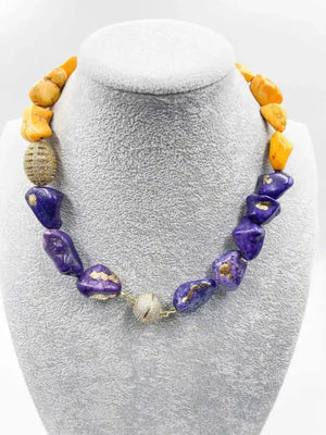18 karat gold plated necklace featuring a blend of sodalite and jasper stones adorned with exquisite zircon ornaments - ELLY