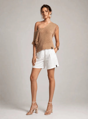Asymmetrical Fringe Knit Top – Caramello - ELLY