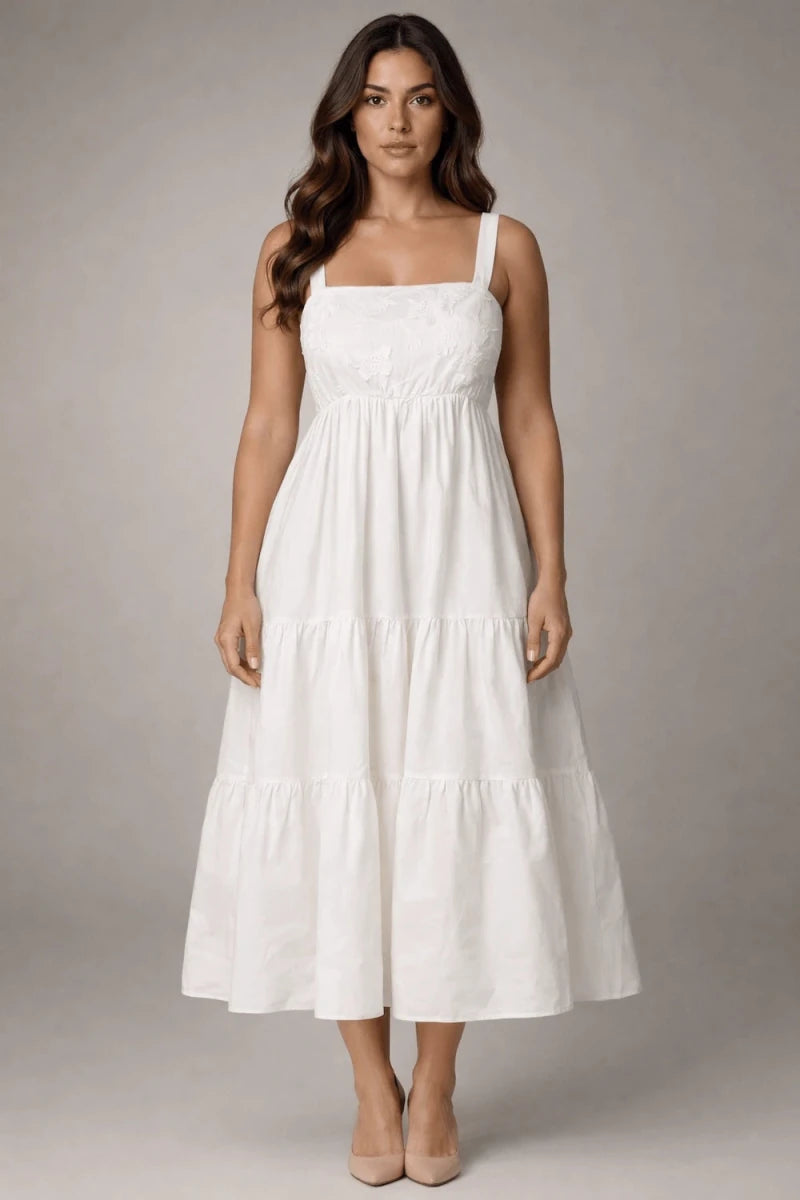 Bianco Seta Embroidered Midi Dress - ELLY