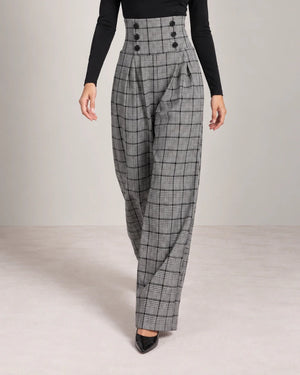 Black and White Plaid High Waisted Pleated Pants - ELLY