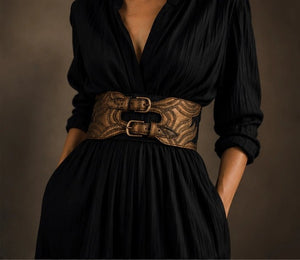 Black & Bronze Sculpted Leather Waist Belt - ELLY