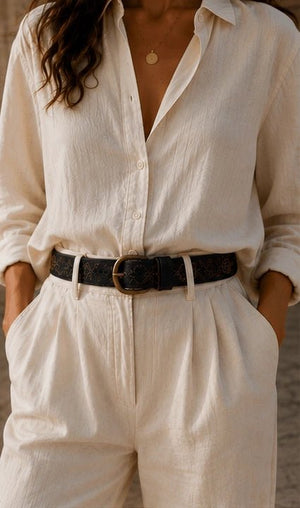 Black Leather Belt with Floral Embroidery - ELLY