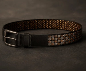Black Leather Belt with Mixed Metal Stud Detailing - ELLY