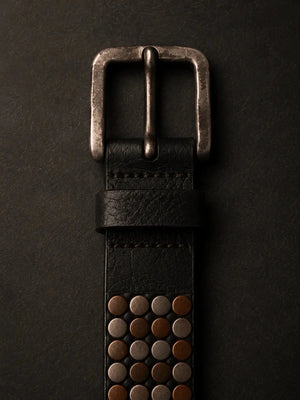 Black Leather Belt with Mixed Metal Stud Detailing - ELLY