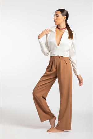 Brown Wide - Leg Pleated Pants - ELLY