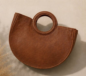 Half - Moon Floral Leather Top Handle Bag – Tan - ELLY