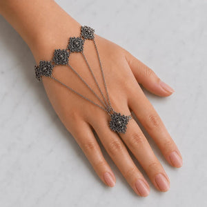 Hand Chain Bracelet with Ring – Antique Silver - ELLY