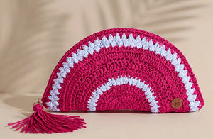 Handmade Fuchsia Crochet Half - Moon Clutch – Pink & White - ELLY