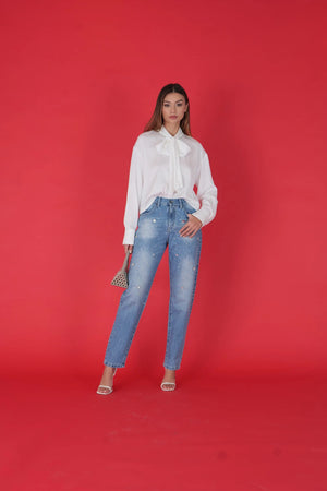 Jeans with Embellished Rhinestones – Denim Azzurro - ELLY