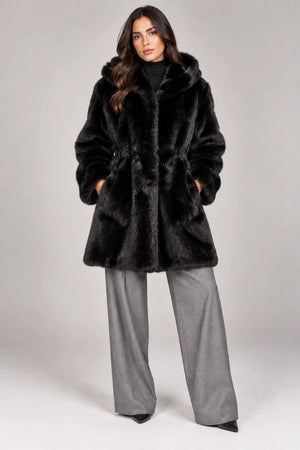 Luxora Plush Fur Italian Hooded Coat – Black - ELLY