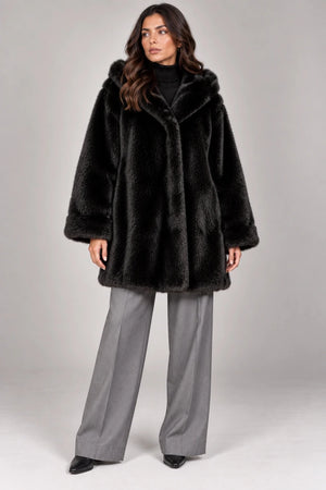 Luxora Plush Fur Italian Hooded Coat – Black - ELLY