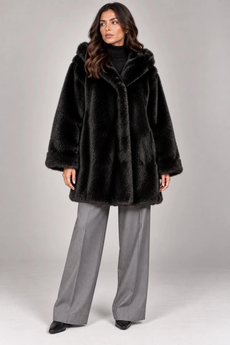 Luxora Plush Fur Italian Hooded Coat – Black - ELLY