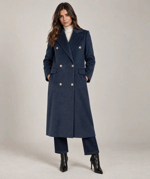Navy Blue Double-Breasted Long Coat - ELLY