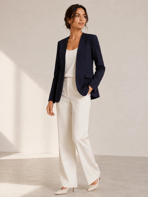Navy Blue Open Front Linen Blazer - ELLY