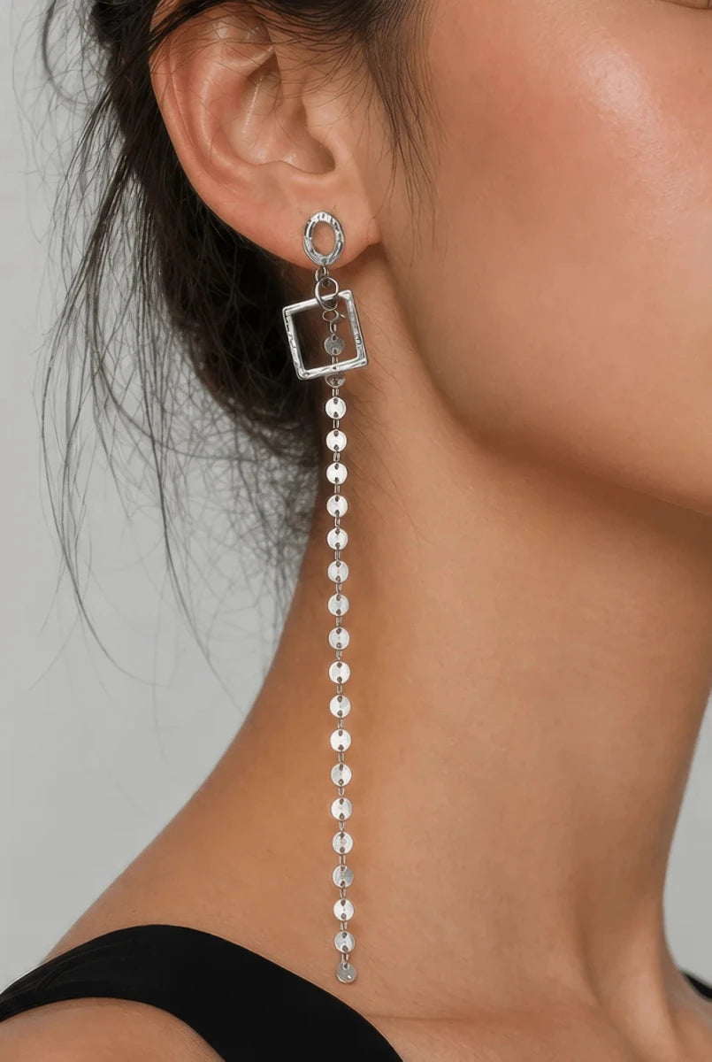 Rhodium - Plated Zircon Motif Drop Earrings - ELLY