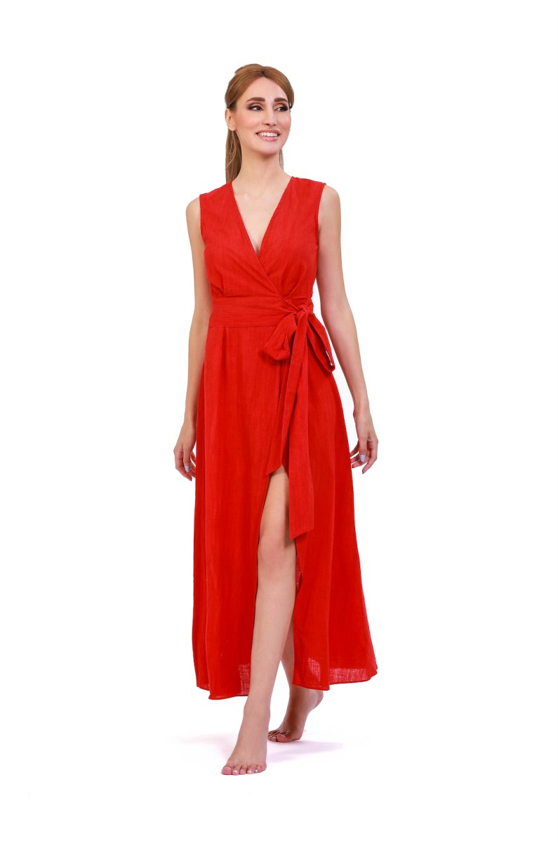 Rustic Red Stone - Washed Linen Wrap Maxi Dress - ELLY