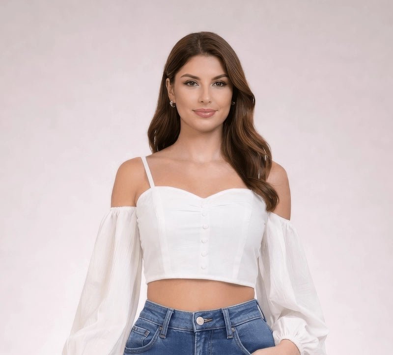 White Stonewashed Linen Balloon Sleeve Top - ELLY