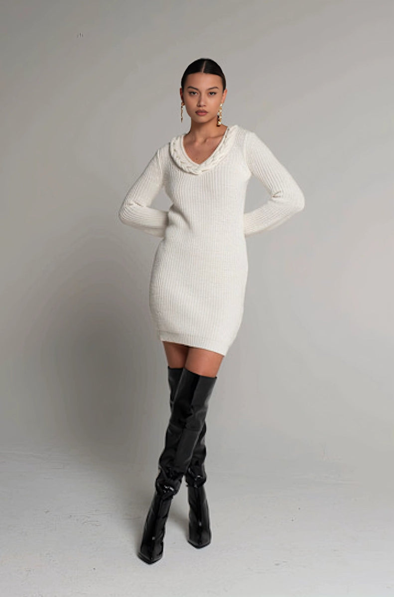 Abito Treccia Panna – Cream Ribbed Knit Dress - ELLY