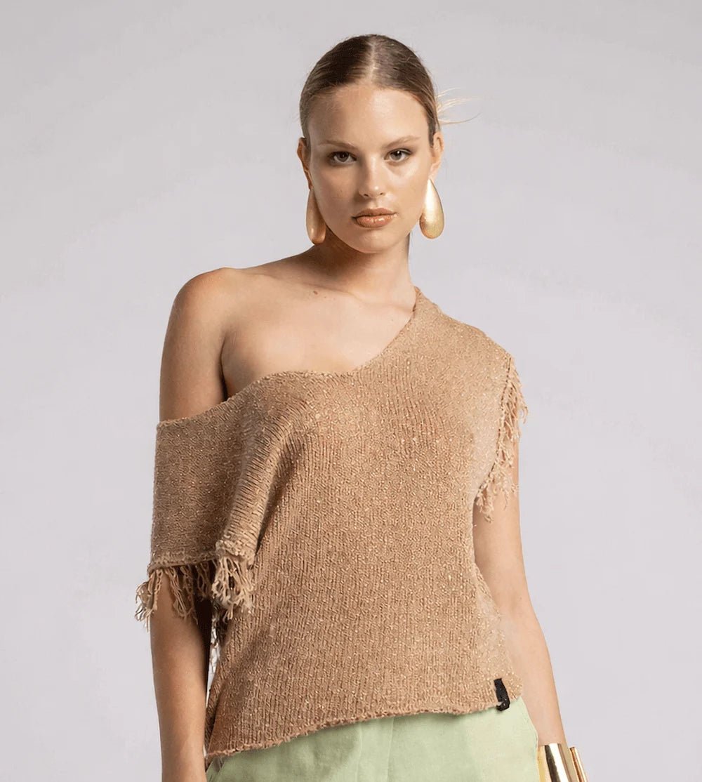 Asymmetrical Fringe Knit Top – Caramello - ELLY