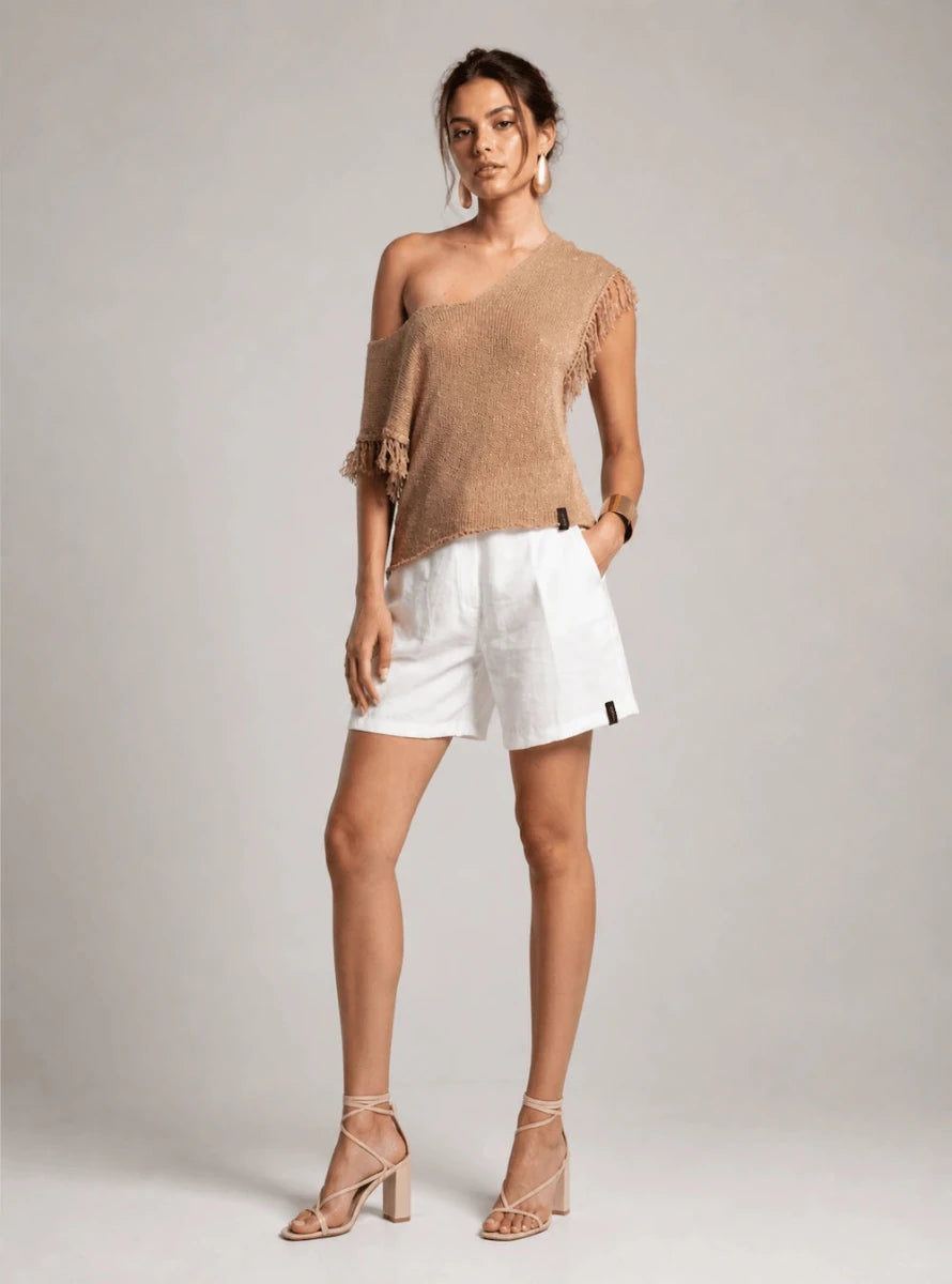 Asymmetrical Fringe Knit Top – Caramello - ELLY