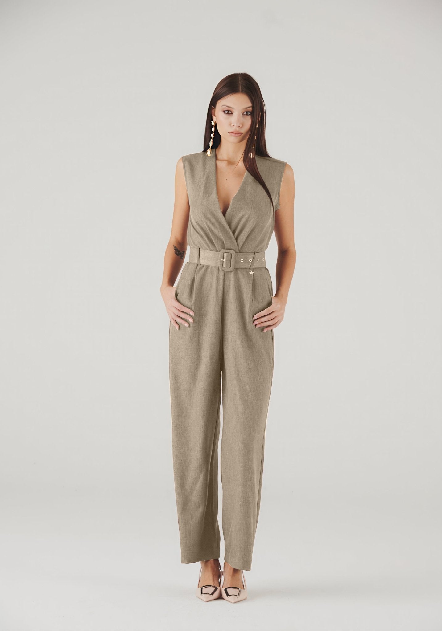 BellaPlunge Italian Jumpsuit - Beige - ELLY