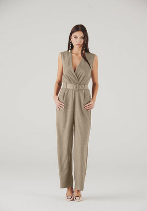 BellaPlunge Italian Jumpsuit - Beige - ELLY