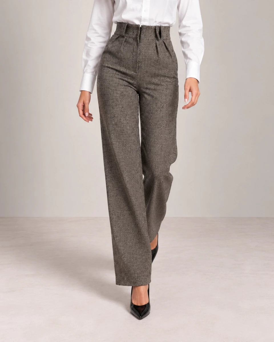 Black and White Herringbone Woven Trousers - ELLY