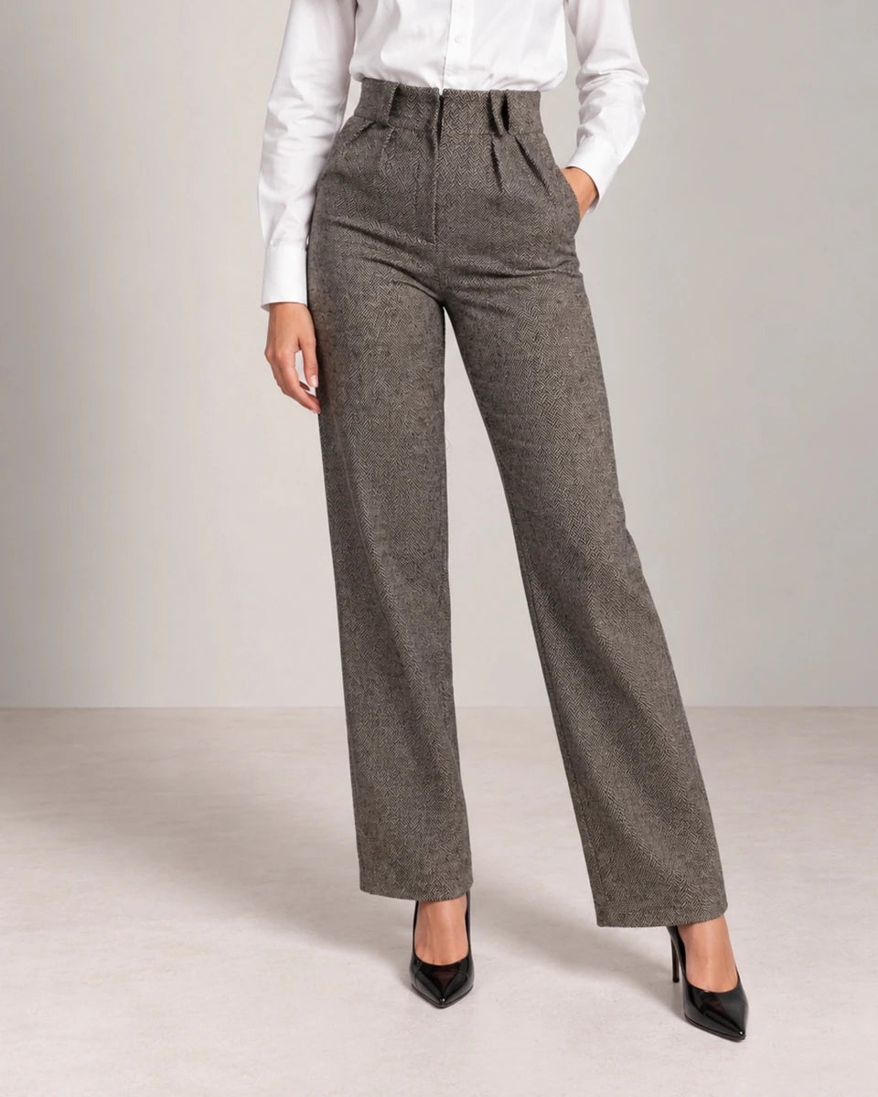 Black and White Herringbone Woven Trousers - ELLY