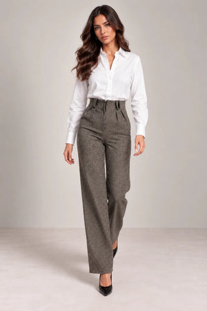 Black and White Herringbone Woven Trousers - ELLY
