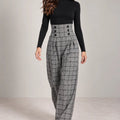 Black and White Plaid High Waisted Pleated Pants - ELLY