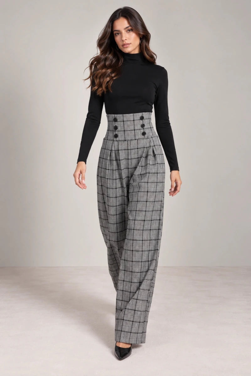 Black and White Plaid High Waisted Pleated Pants - ELLY