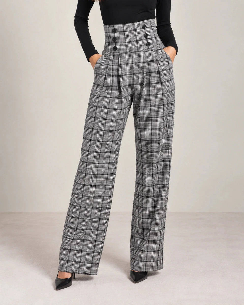 Black and White Plaid High Waisted Pleated Pants - ELLY