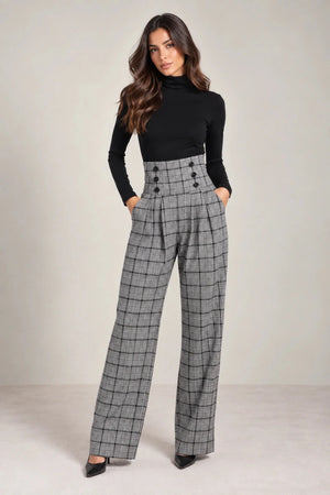 Black and White Plaid High Waisted Pleated Pants - ELLY