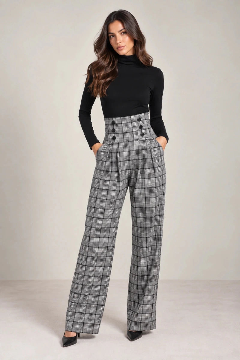 Black and White Plaid High Waisted Pleated Pants - ELLY