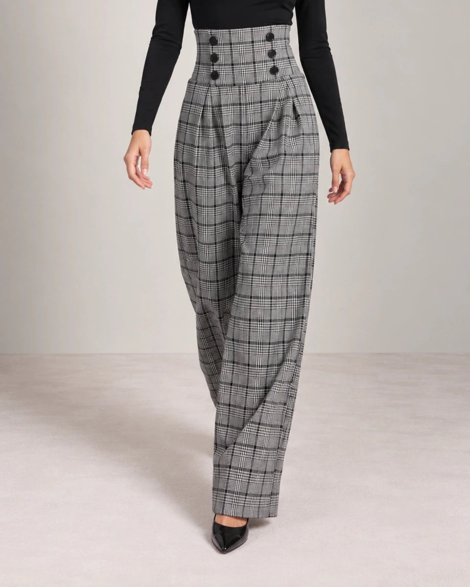 Black and White Plaid High Waisted Pleated Pants - ELLY
