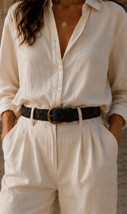 Black Leather Belt with Floral Embroidery - ELLY