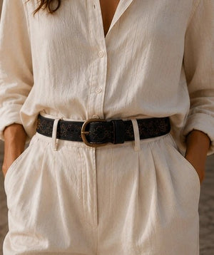 Black Leather Belt with Floral Embroidery - ELLY