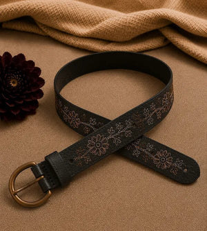 Black Leather Belt with Floral Embroidery - ELLY
