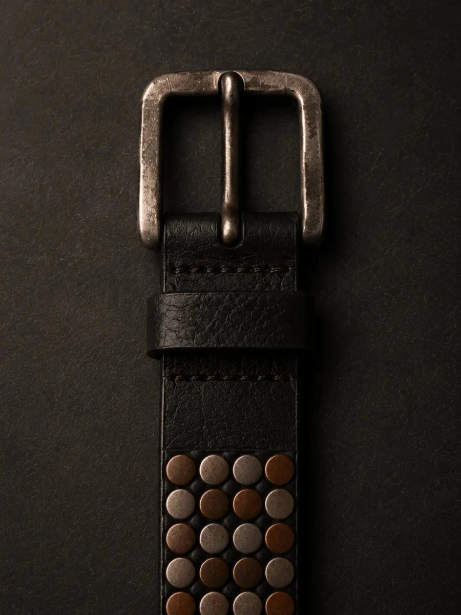 Black Leather Belt with Mixed Metal Stud Detailing - ELLY