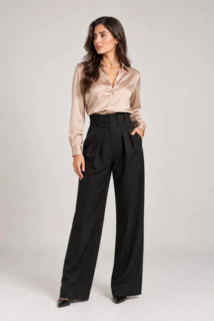 Black Wide-Leg Pleated Pants - ELLY