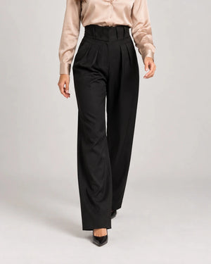 Black Wide-Leg Pleated Pants - ELLY