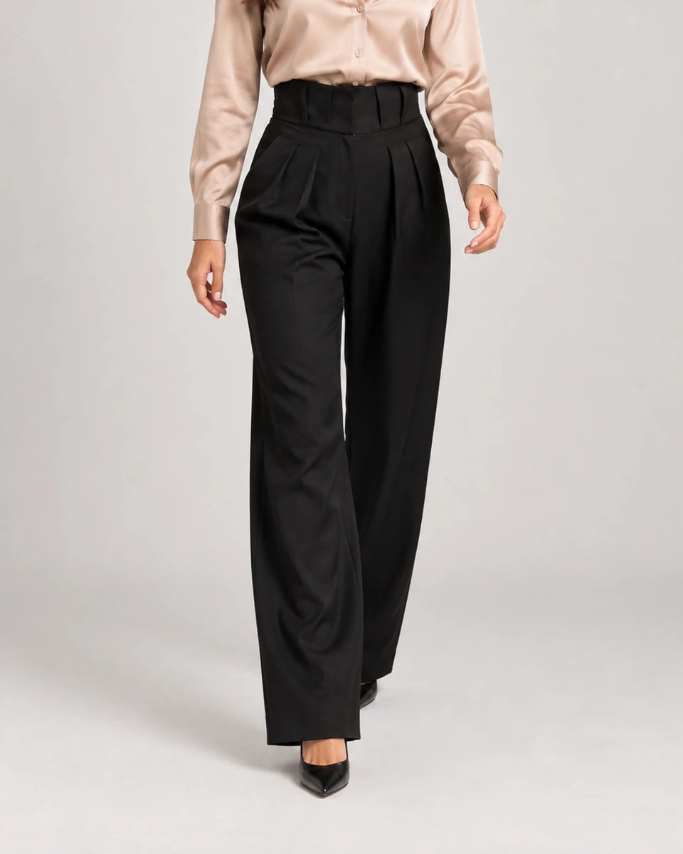 Black Wide-Leg Pleated Pants - ELLY