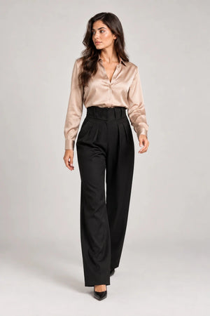 Black Wide-Leg Pleated Pants - ELLY