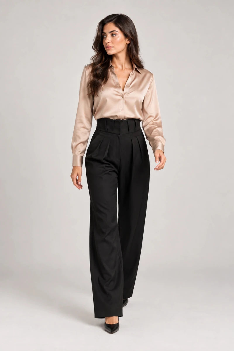 Black Wide-Leg Pleated Pants - ELLY