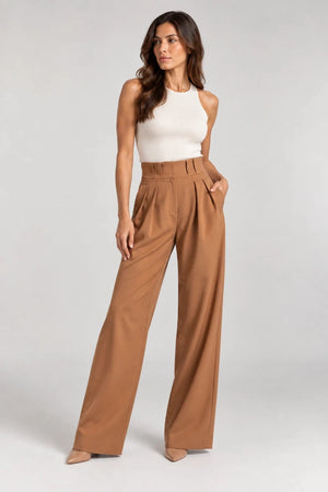 Brown Wide-Leg Pleated Pants - ELLY