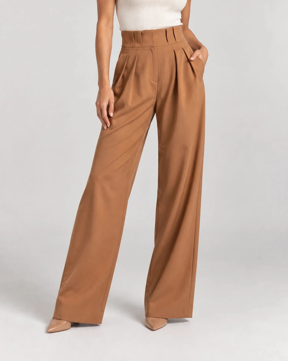 Brown Wide-Leg Pleated Pants - ELLY