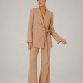 Charmé Beige Tie - Front Blazer & Flared Pants Set - ELLY