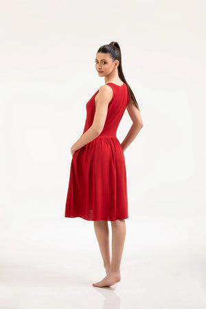 Deep Red Cotton Slub Midi Dress – ELLY - ELLY