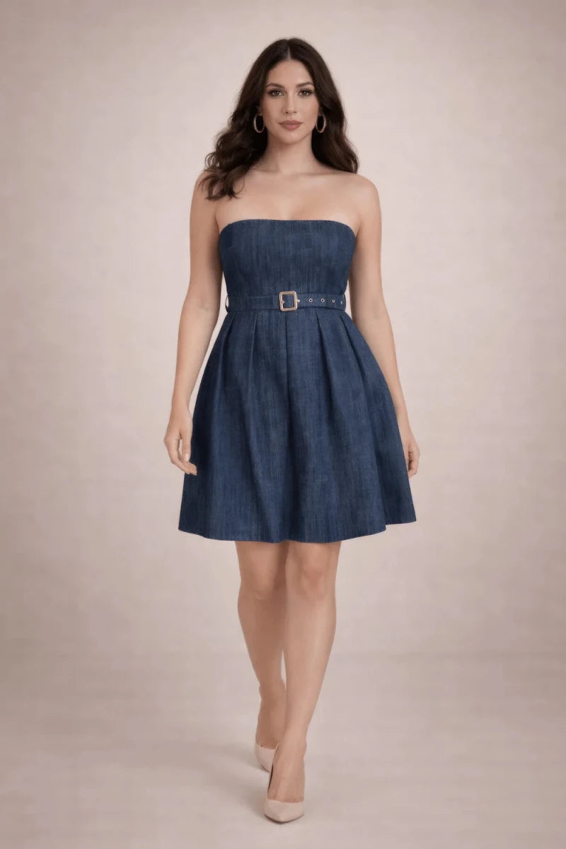 Denim Belted Strapless Mini Dress - ELLY