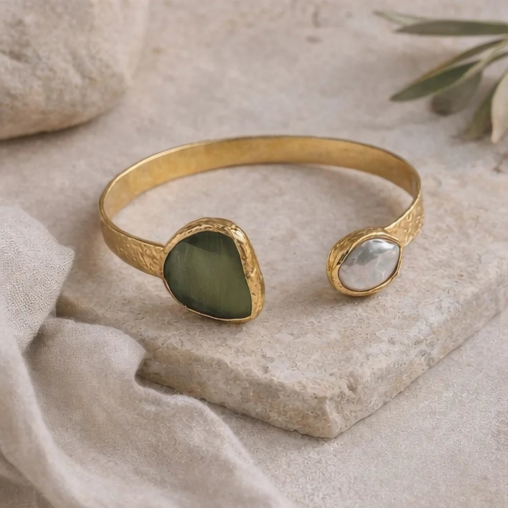 Dual Stone Cuff Bracelet – Gold - ELLY